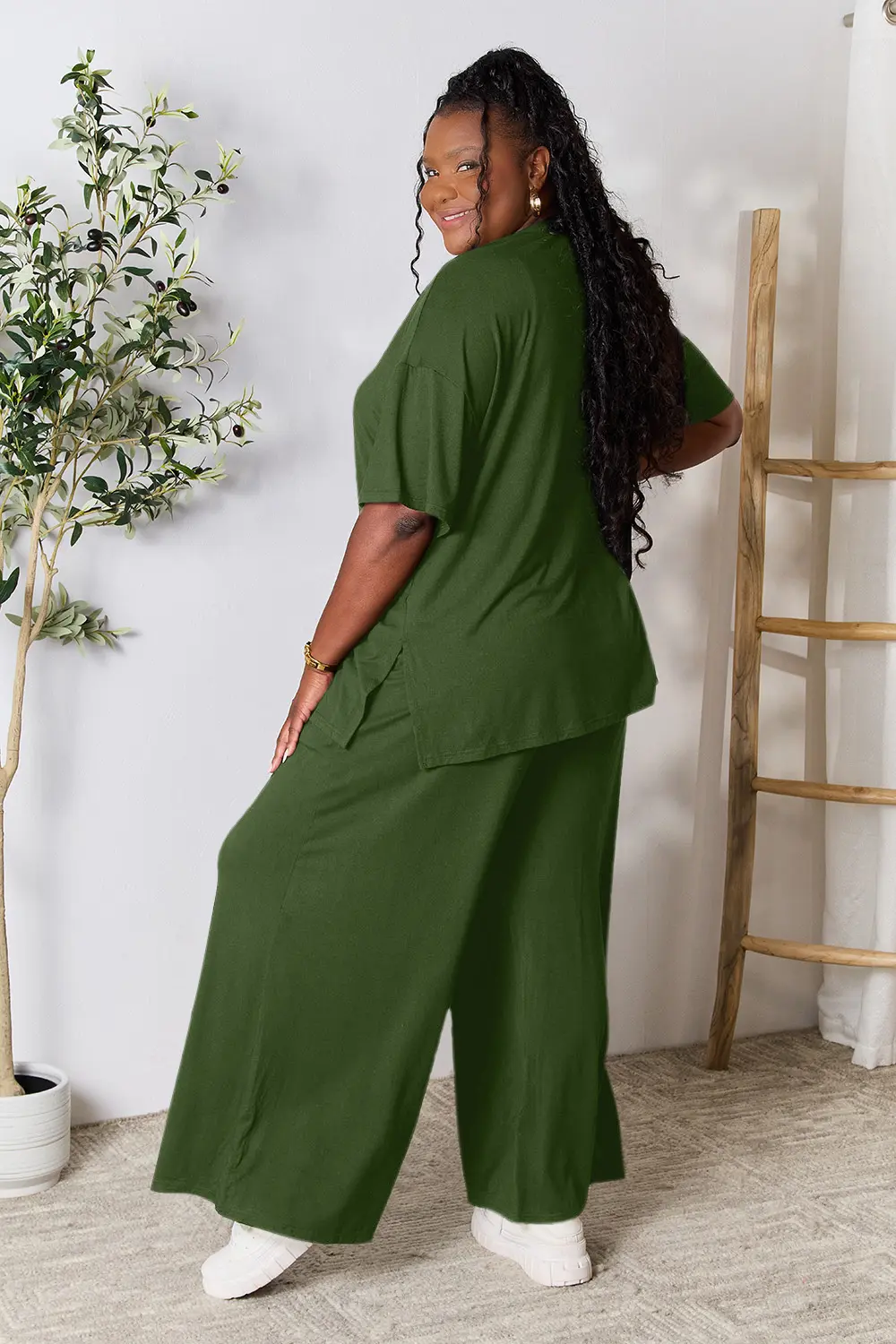 Full Size Round Neck Slit Top and Pants Set, image 8