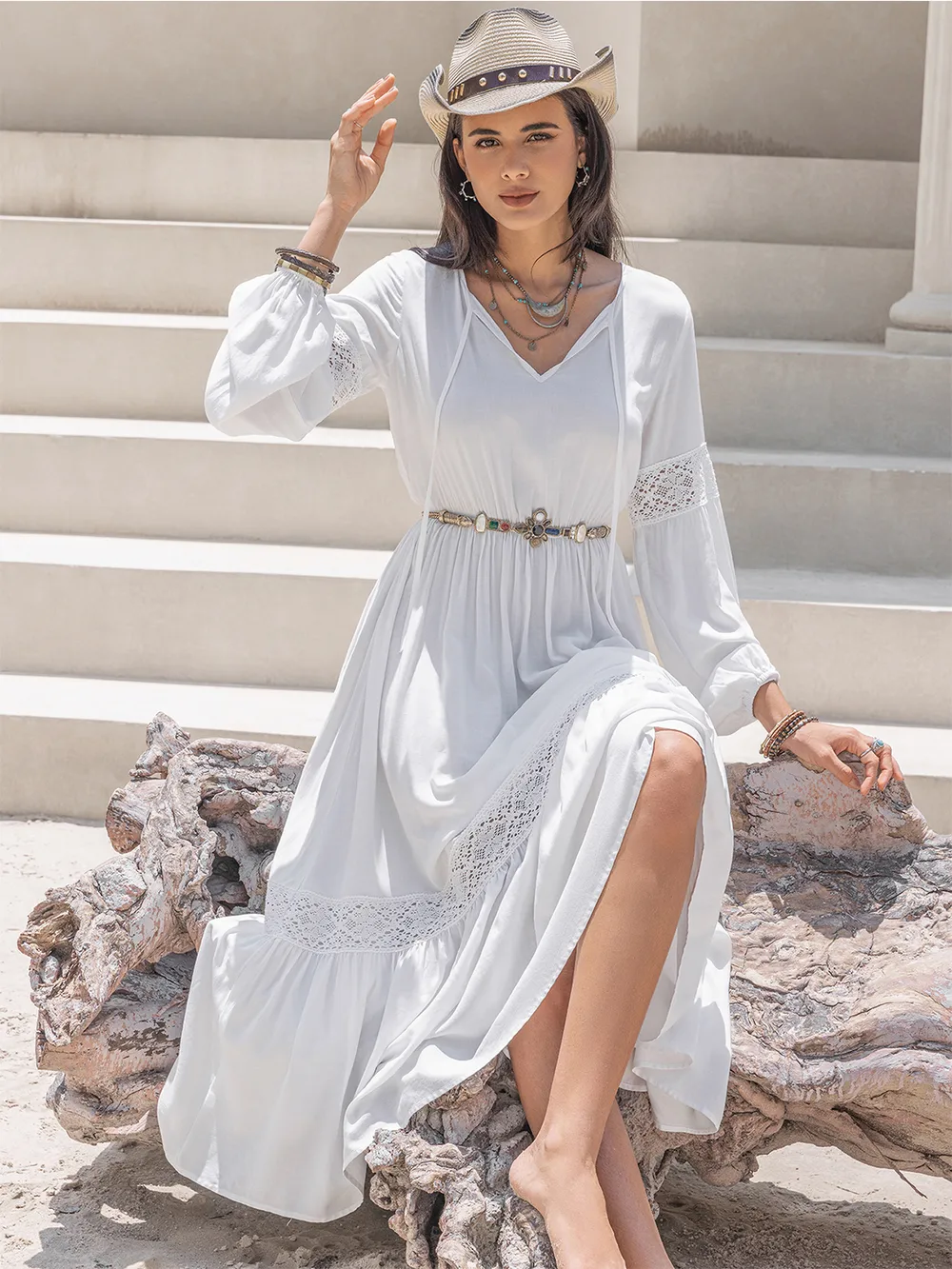 Tie Neck Balloon Sleeve Midi Dress, image 3