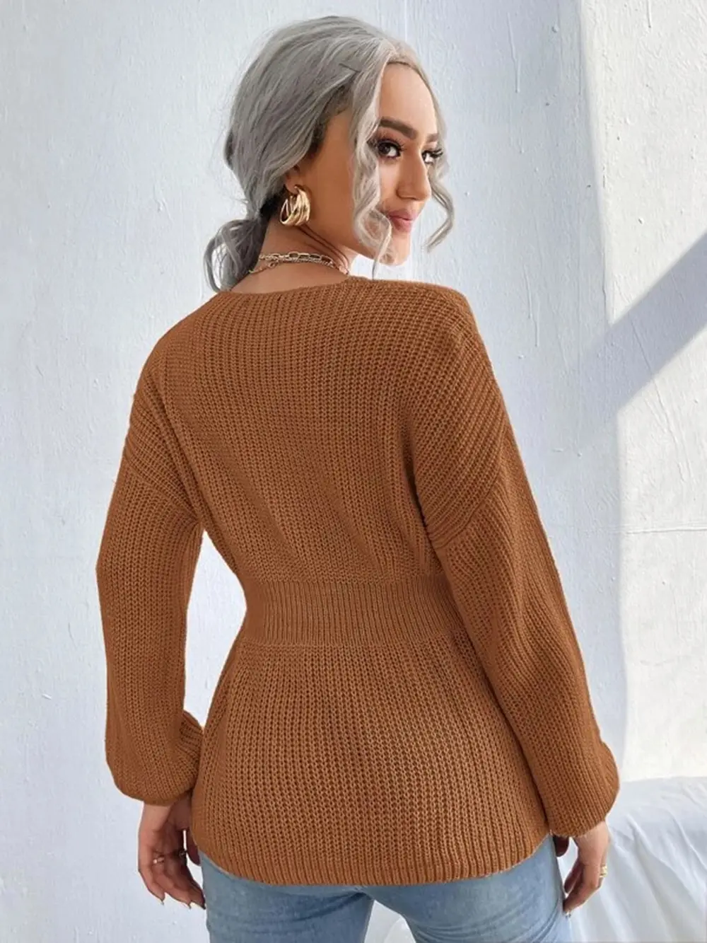 Notched Dropped Shoulder Knit Top, image 20