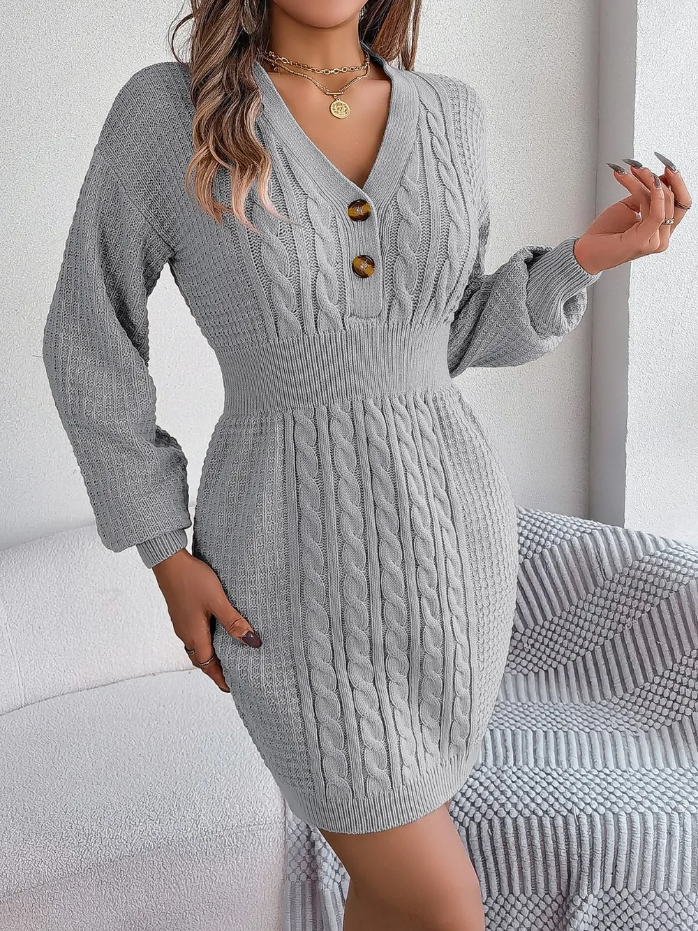 Buttoned Cable-Knit V-Neck Sweater Dress, image 2