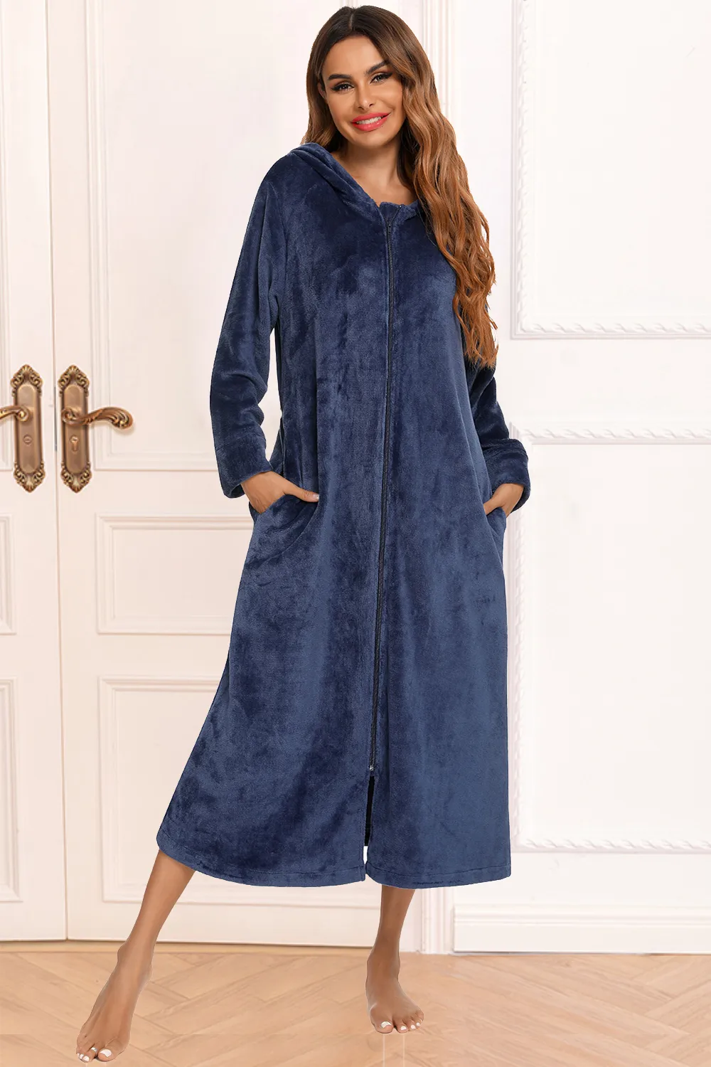 Zip Front Hooded Night Dress with Pockets, image 6