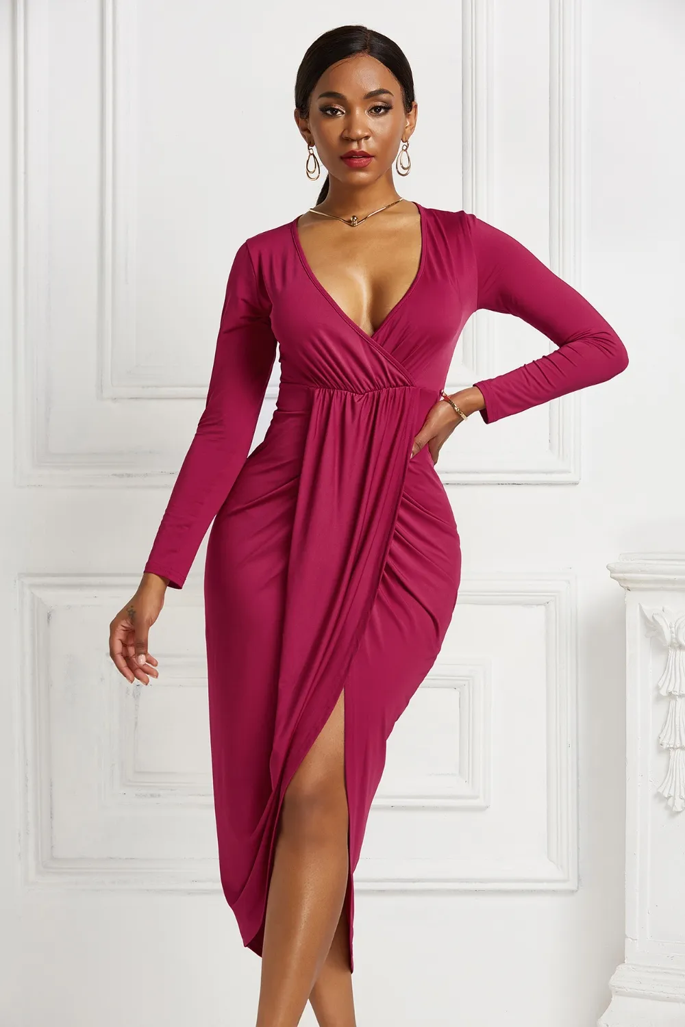 High-low Ruched Surplice Long Sleeve Dress, image 12