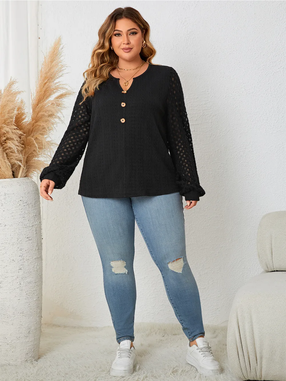 Plus Size Openwork Notched Button Front Blouse, image 6