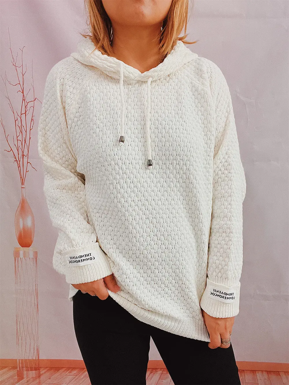 Drawstring Long Sleeve Hooded Sweater, image 7