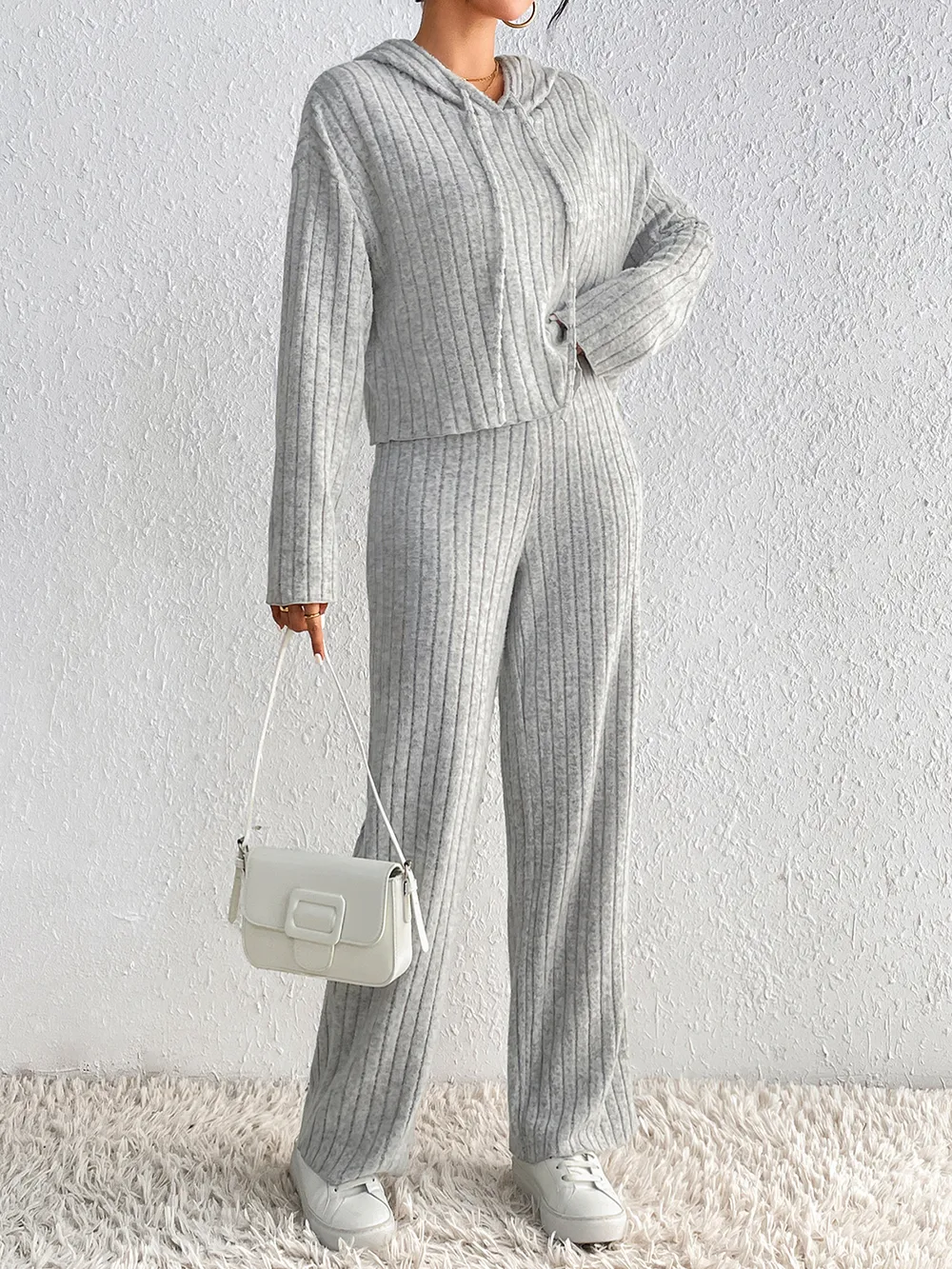 Drawstring Ribbed Hoodie and Straight Leg Pants Set, image 4