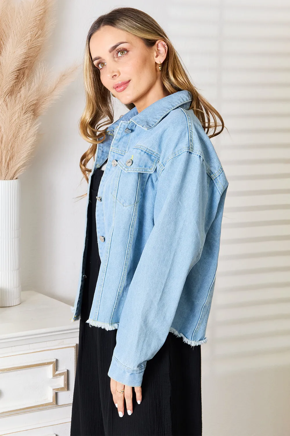 Dropped Shoulder Raw Hem Denim Jacket, image 3