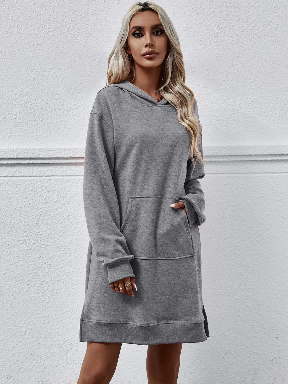 Slit Long Sleeve Hooded Dress with Pocket, image 19