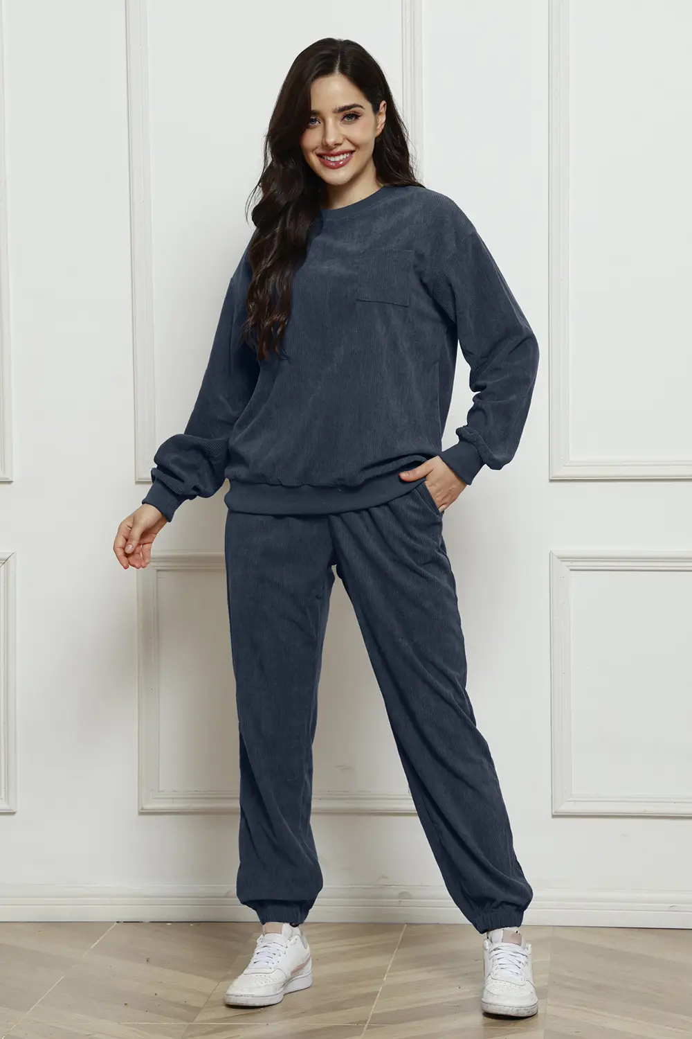 Corduroy Round Neck Sweatshirt and Sweatpants Set, image 2