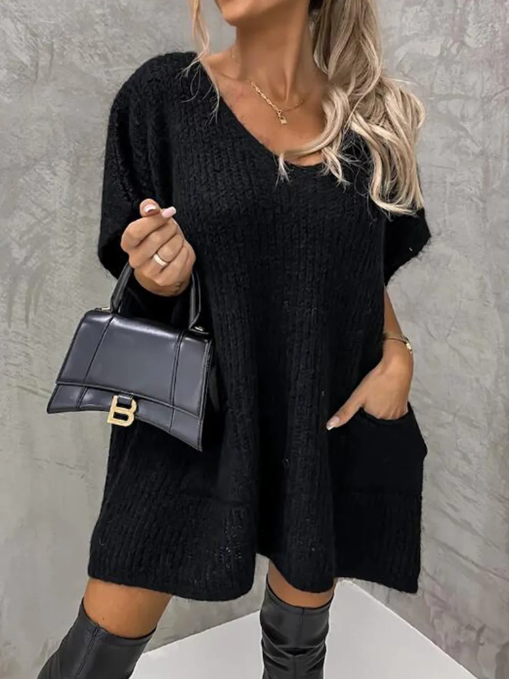 Short Sleeve Sweater Dress with Pockets, image 5