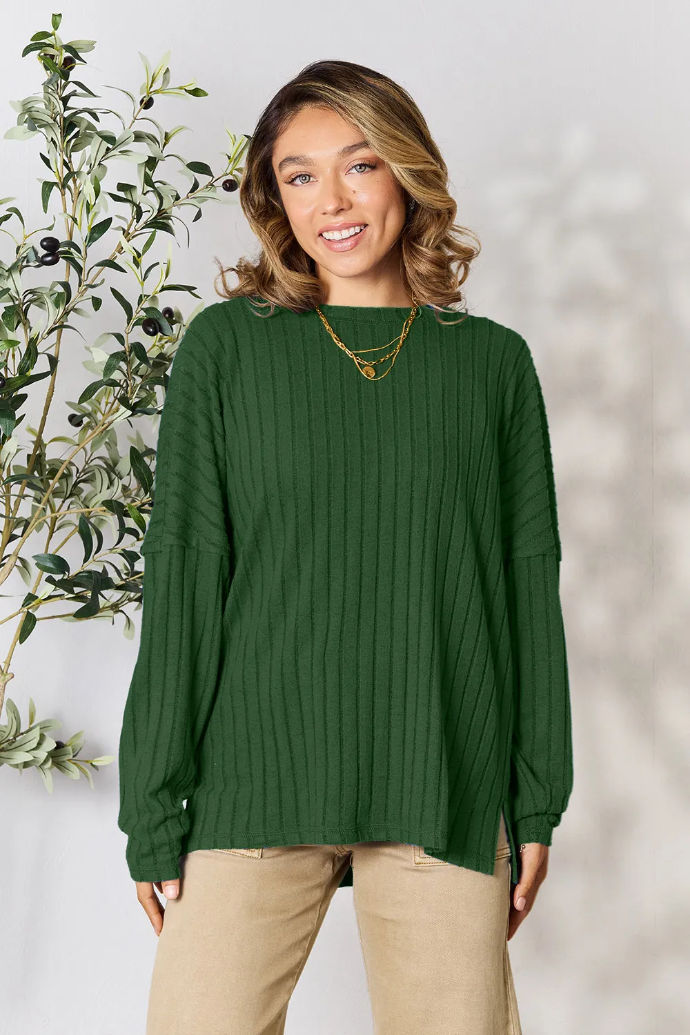 Full Size Ribbed Round Neck Slit Knit Top, image 14
