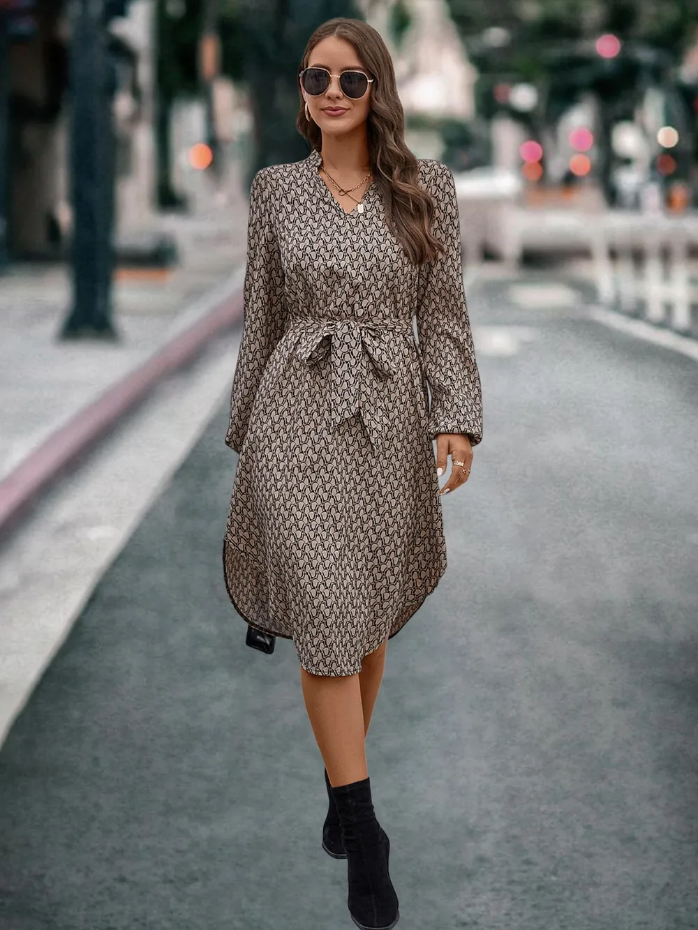 Printed Notched Tie Front Long Sleeve Dress, image 3
