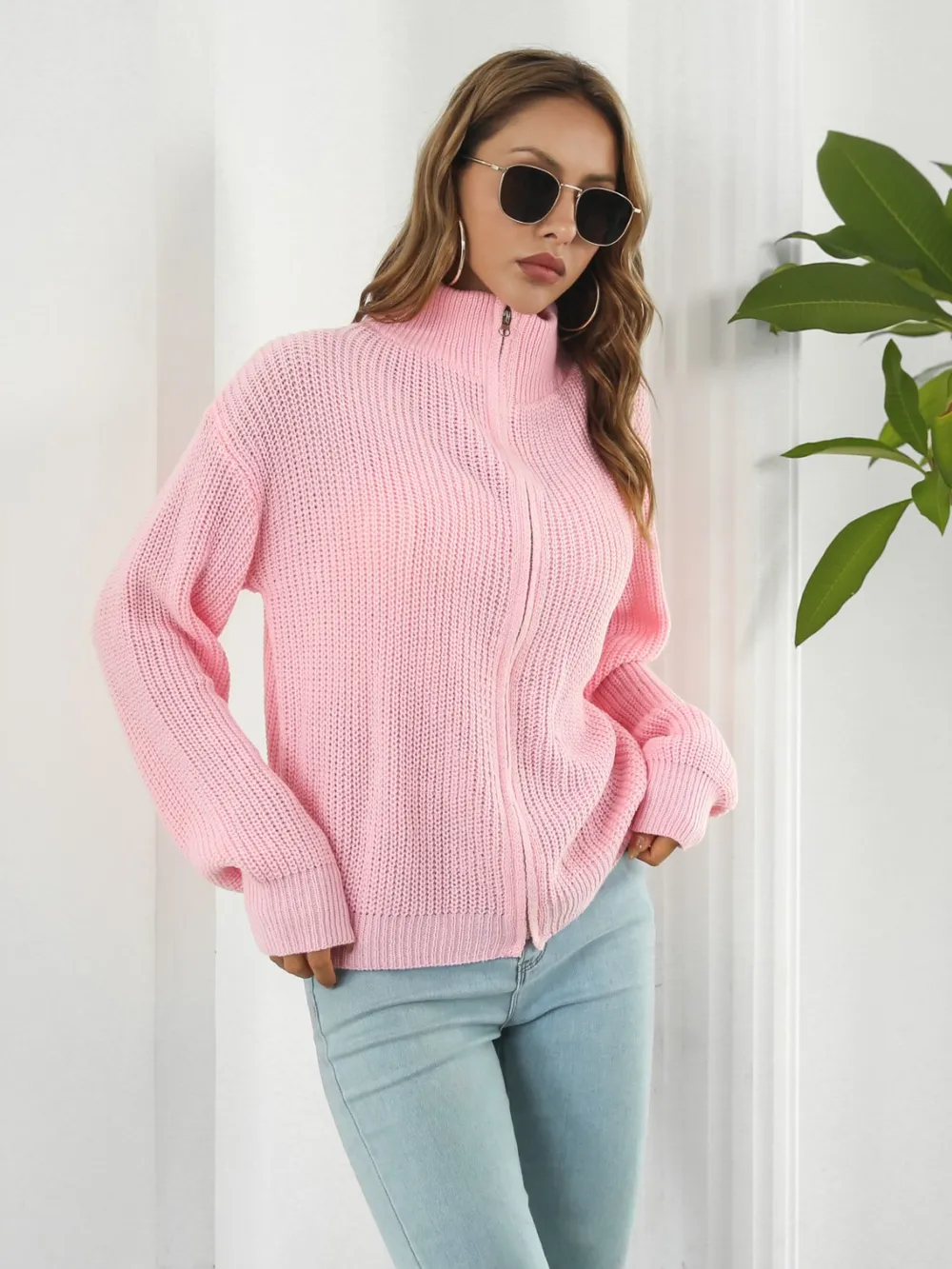 Turtleneck Zip Up Long Sleeve Knit Top, image 8