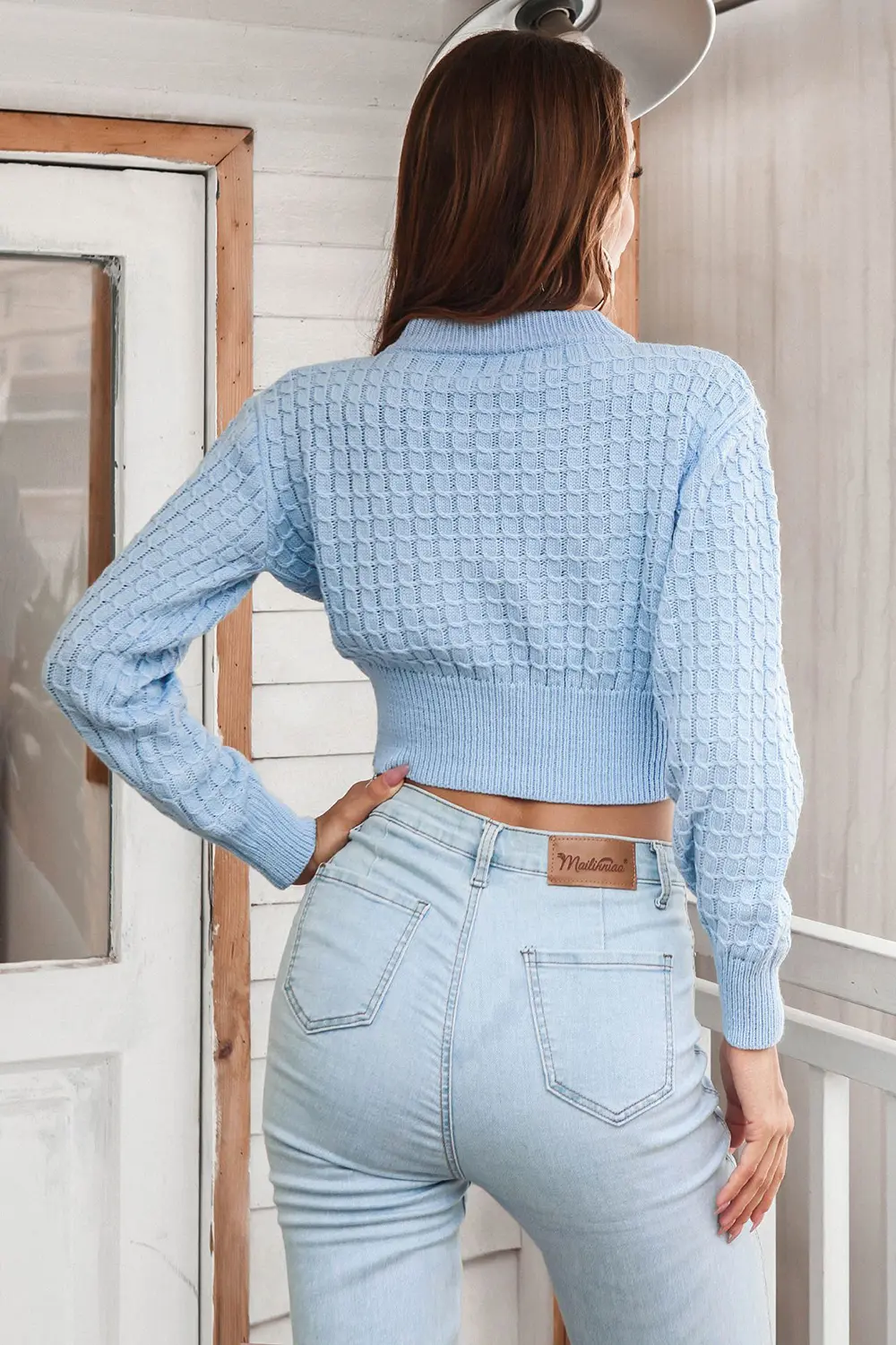 Round Neck Long Sleeve Cropped Sweater, image 3