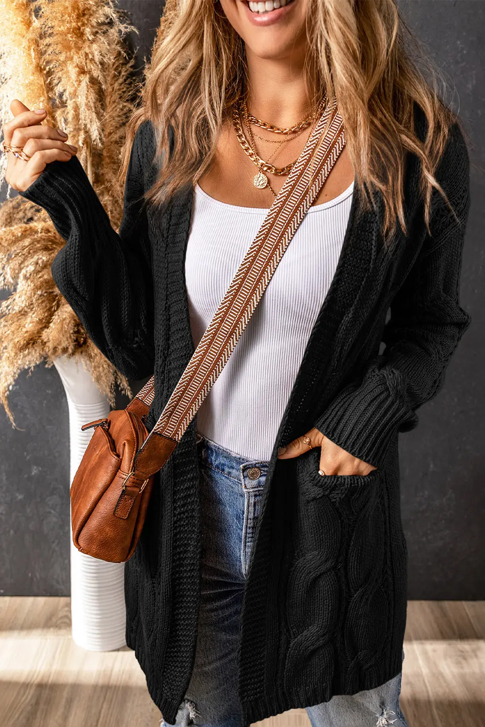 Cable-Knit Dropped Shoulder Slit Cardigan, image 5