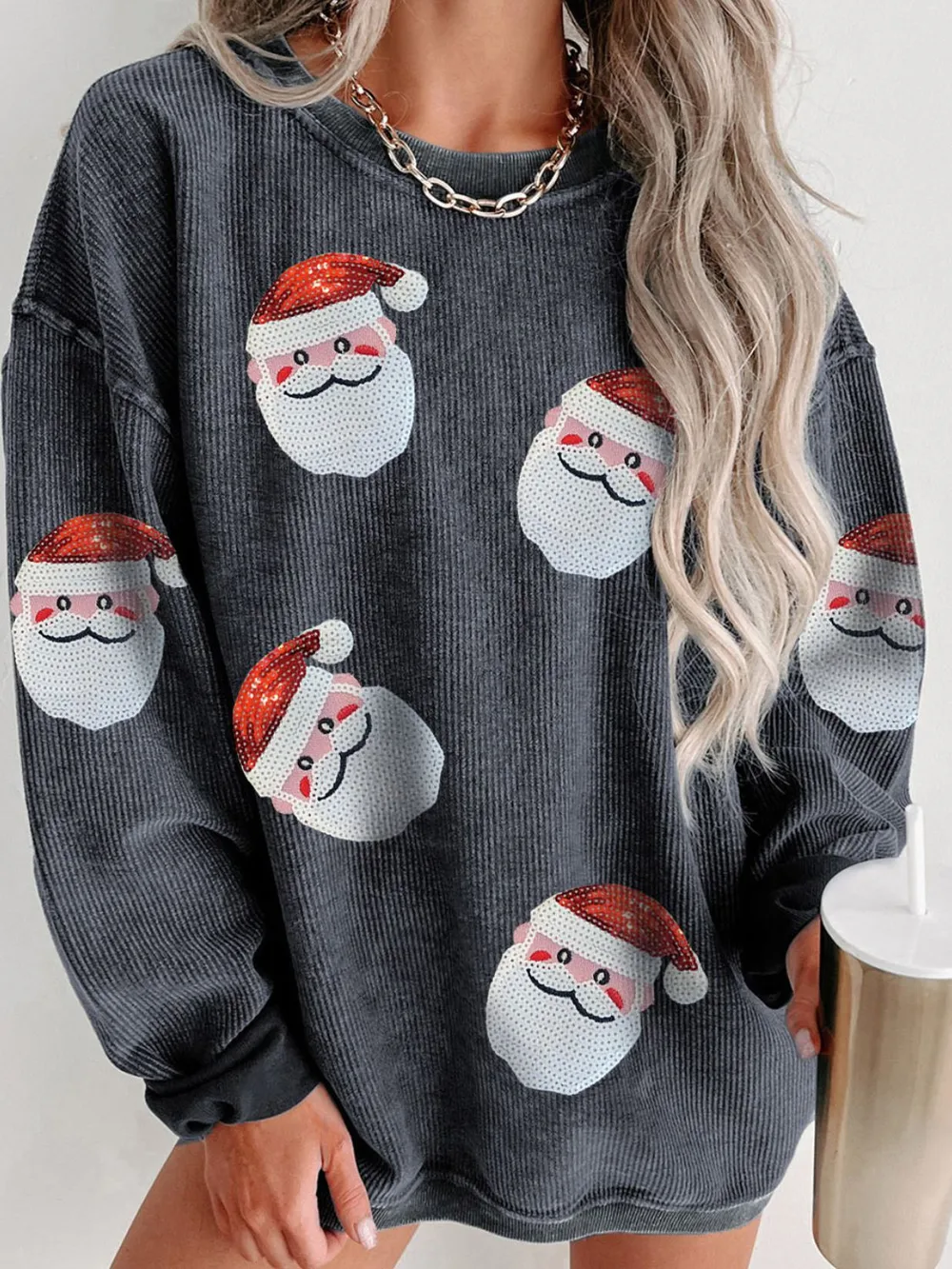 Sequin Santa Patch Ribbed Sweatshirt, image 9