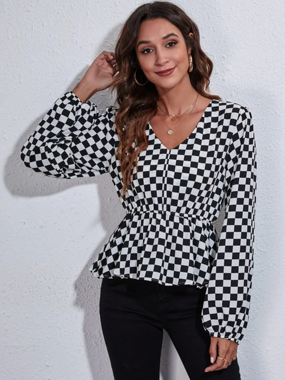 Checkered V-Neck Balloon Sleeve Peplum Blouse, image 3