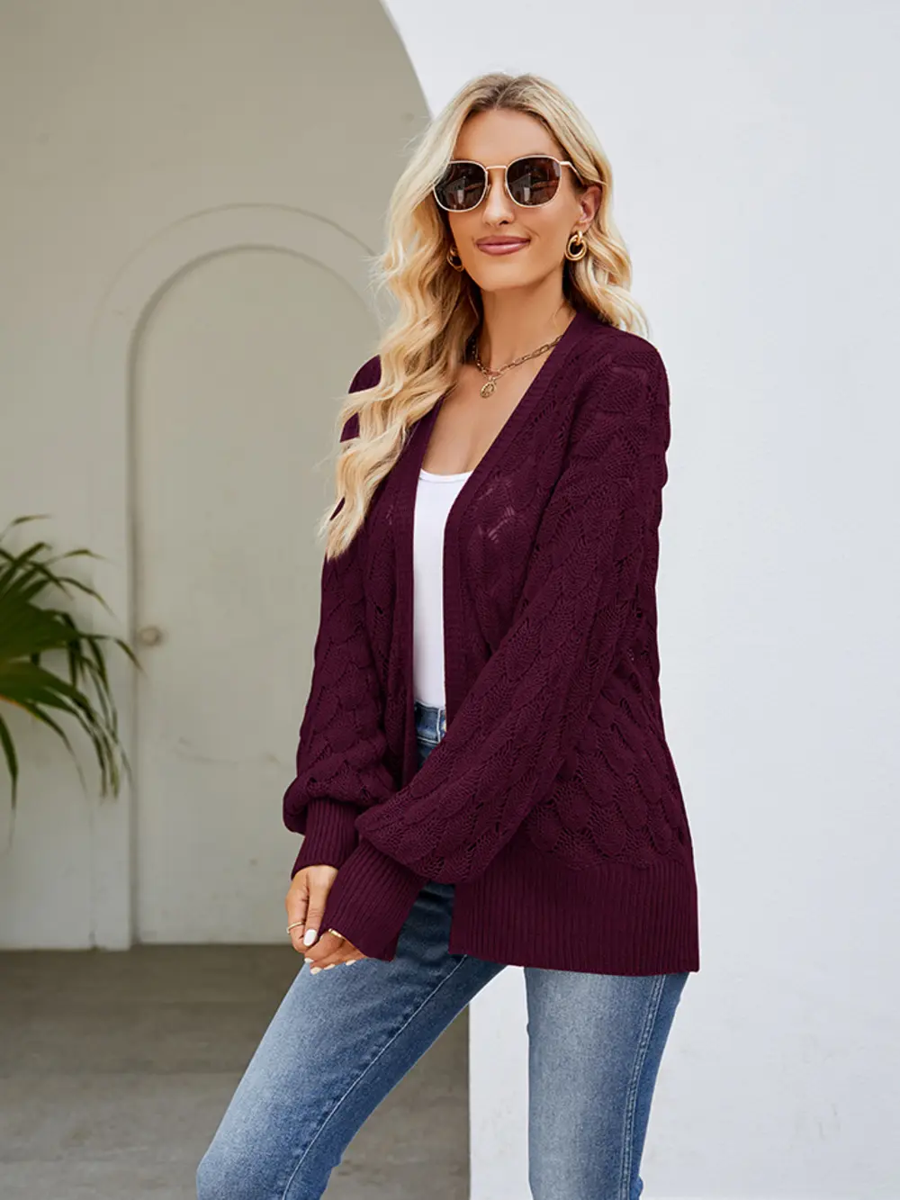 Openwork Open Front Lantern Sleeve Cardigan, image 6