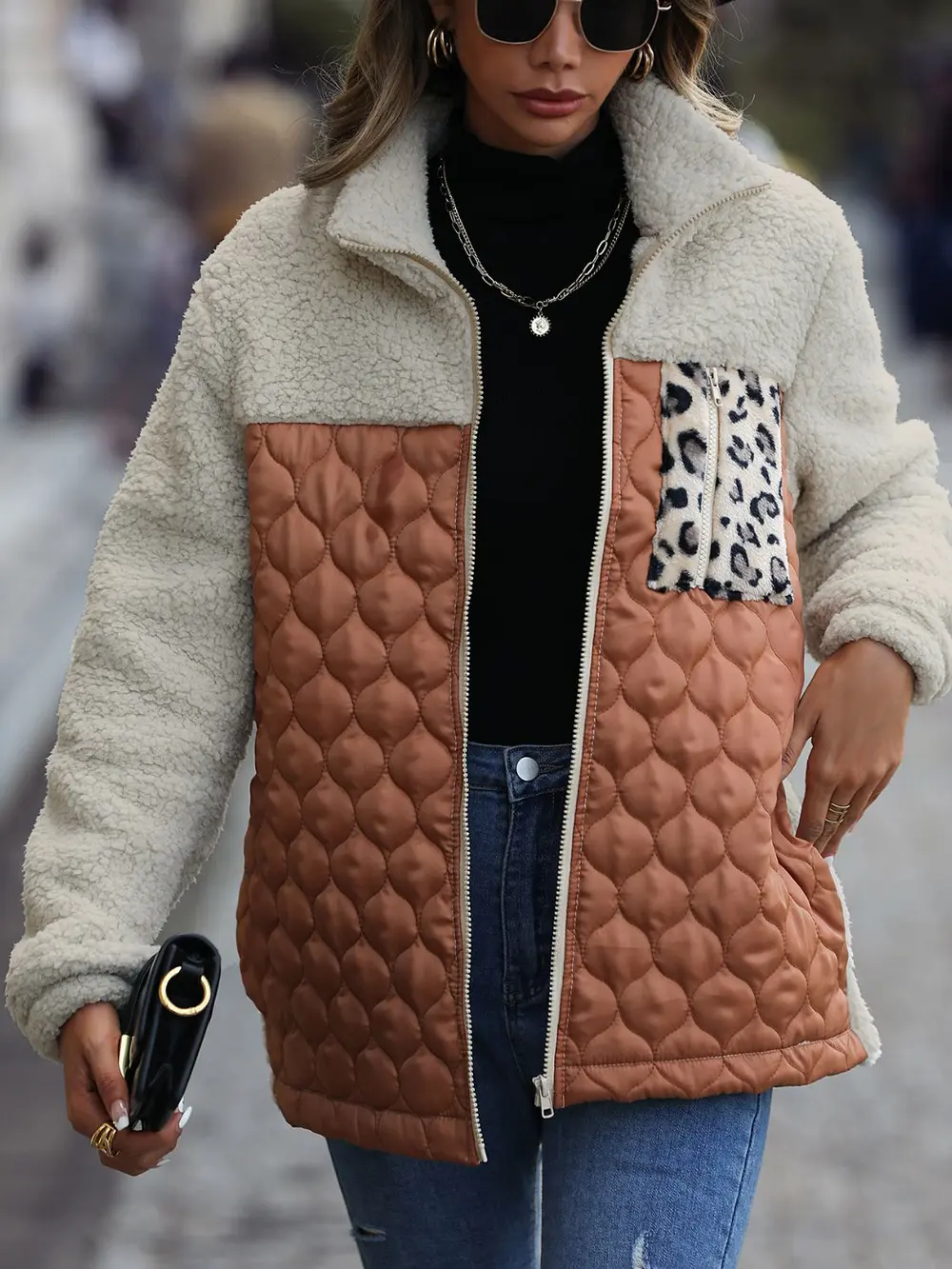 Leopard Color Block Zip-Up Jacket, image 2