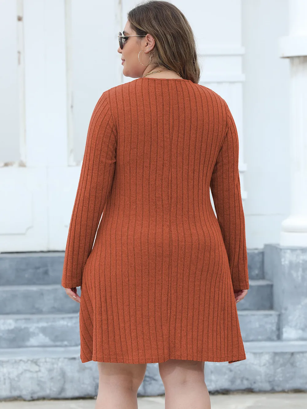 Plus Size Ribbed Buttoned V-Neck Long Sleeve Dress, image 8