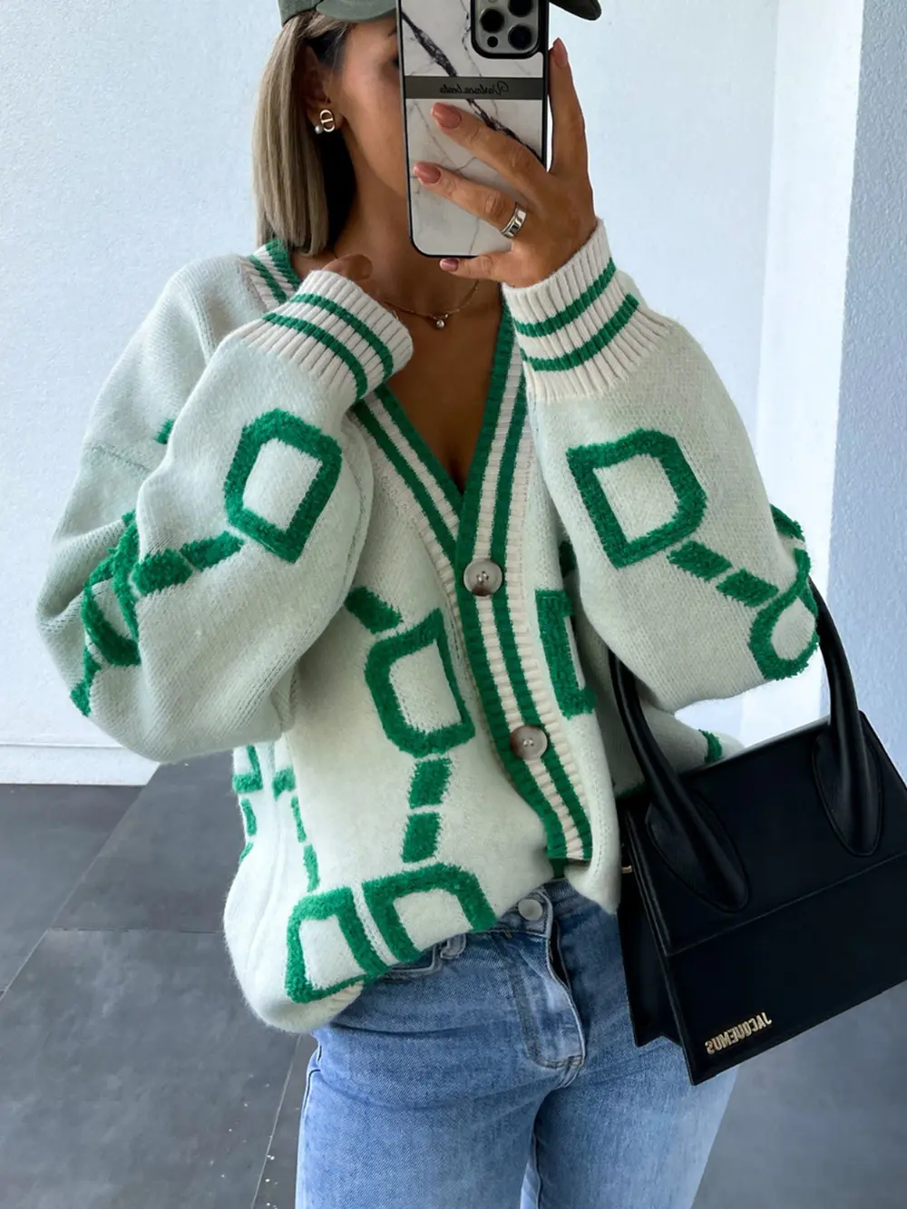 Geometric Dropped Shoulder Button Down Cardigan, image 5