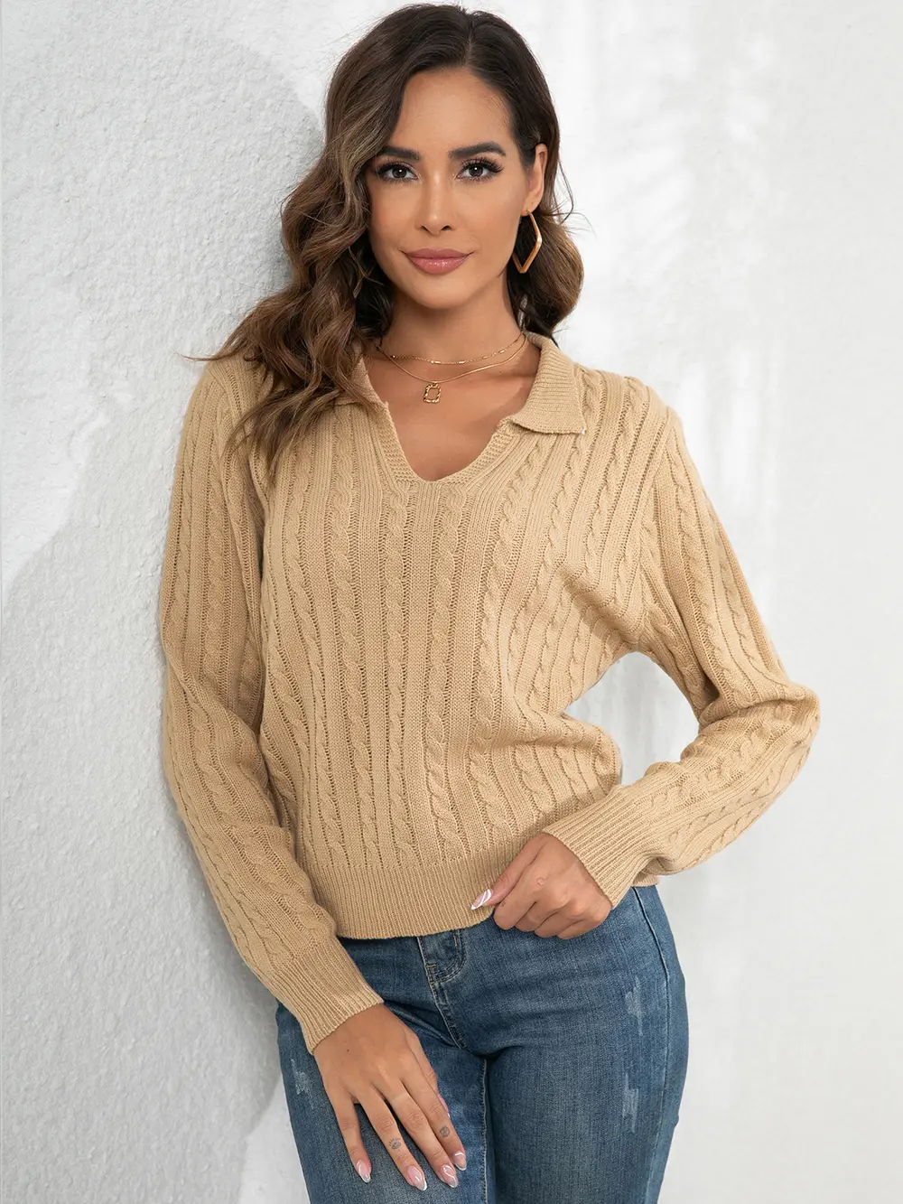 Johnny Collar Cable-Knit Long Sleeve Sweater, image 4
