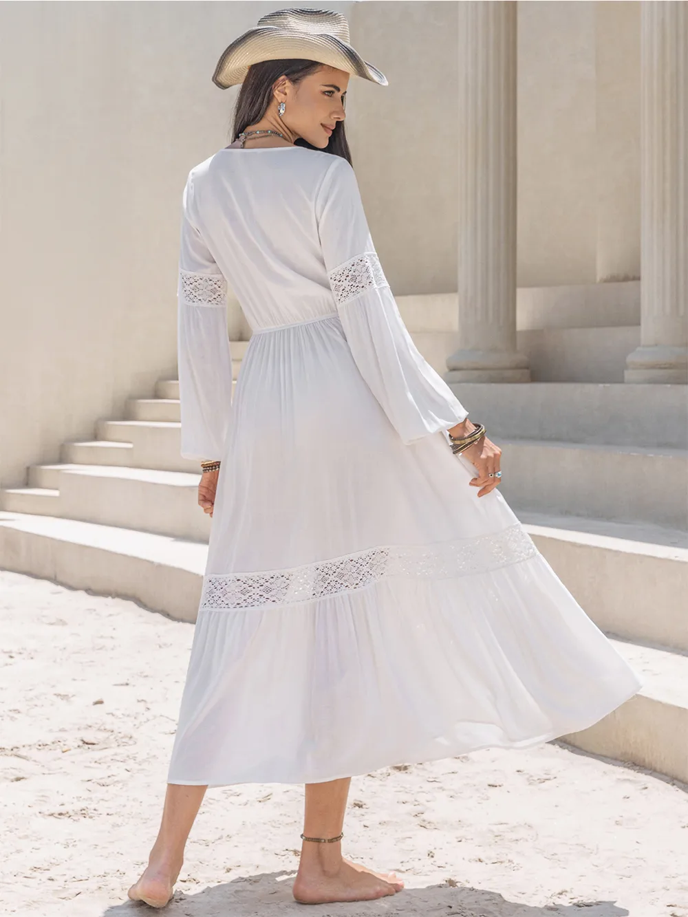 Tie Neck Balloon Sleeve Midi Dress, image 4