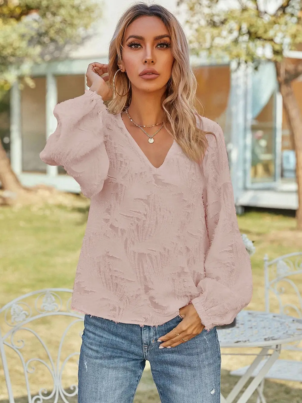 V-Neck Long Sleeve Blouse, image 8