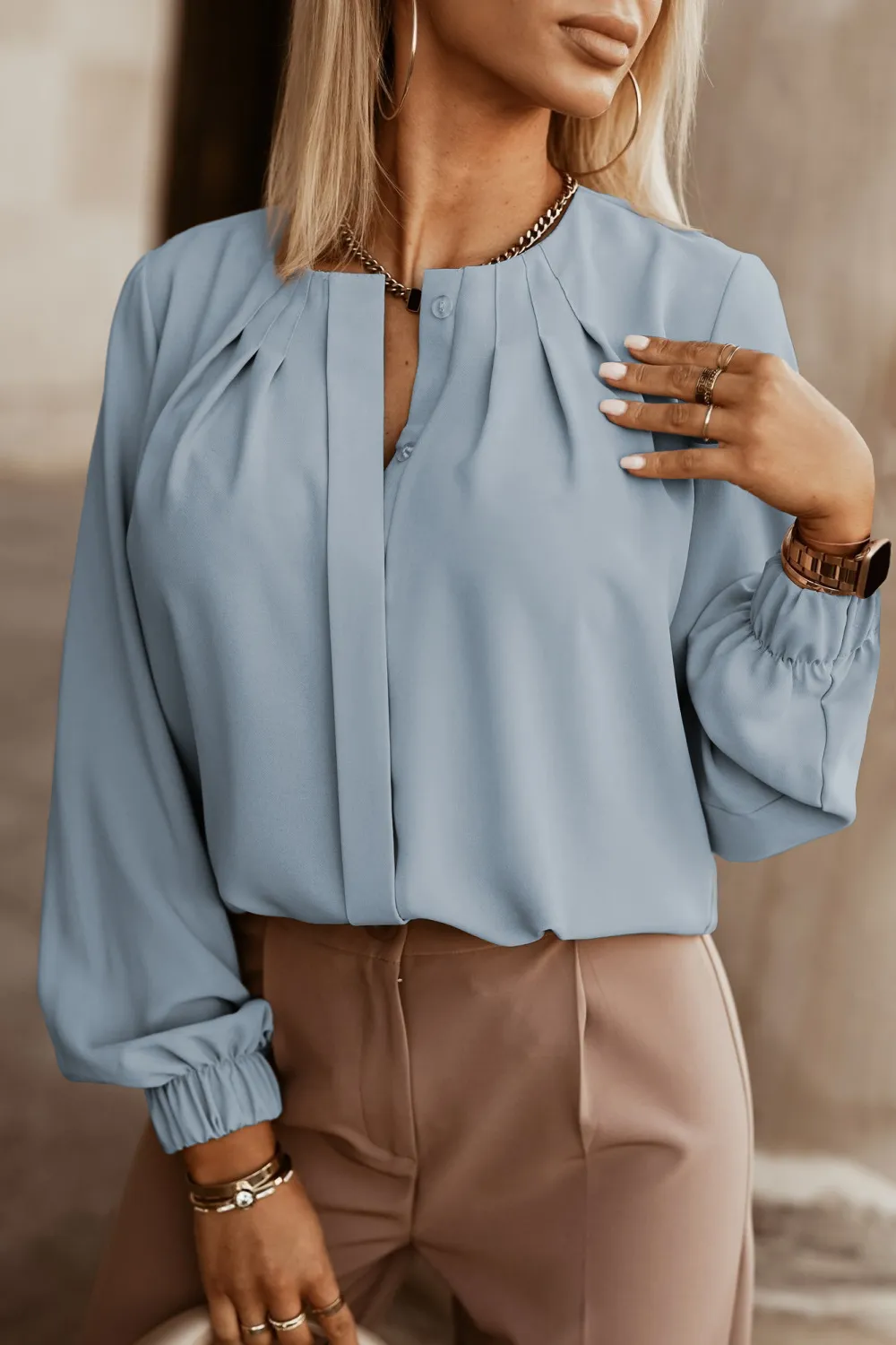 Button Up Round Neck Long Sleeve Shirt, image 13
