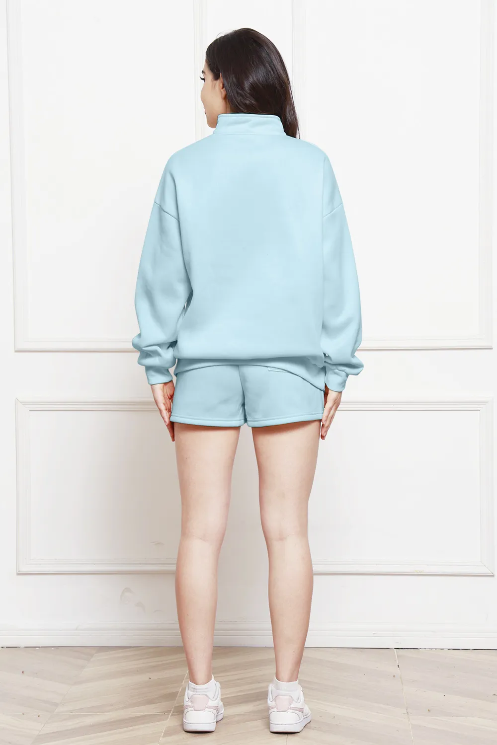 Half Zip Long Sleeve Sweatshirt and Drawstring Shorts Set, image 3