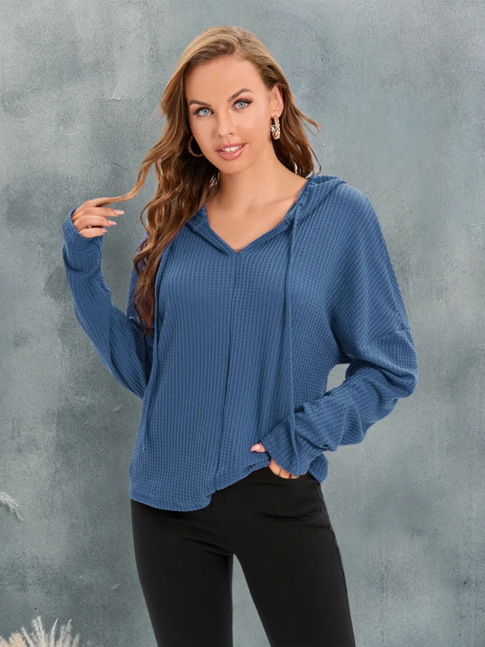 Waffle-Knit Drawstring Drop Shoulder Hoodie, image 3