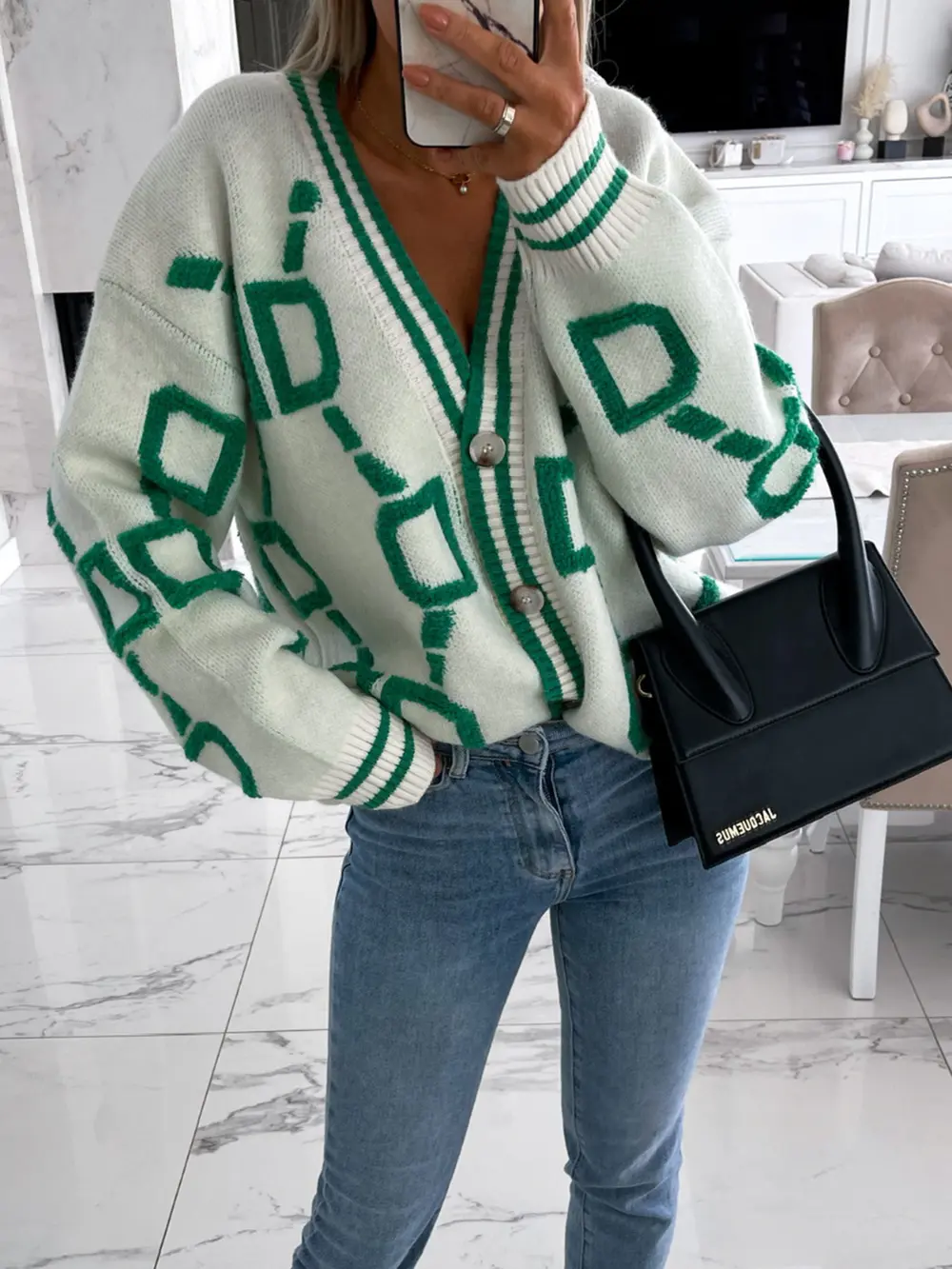 Geometric Dropped Shoulder Button Down Cardigan, image 6