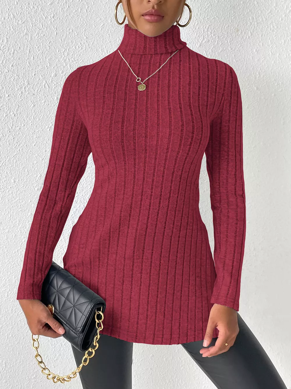 Ribbed Turtleneck Long Sleeve Slit T-Shirt, image 17