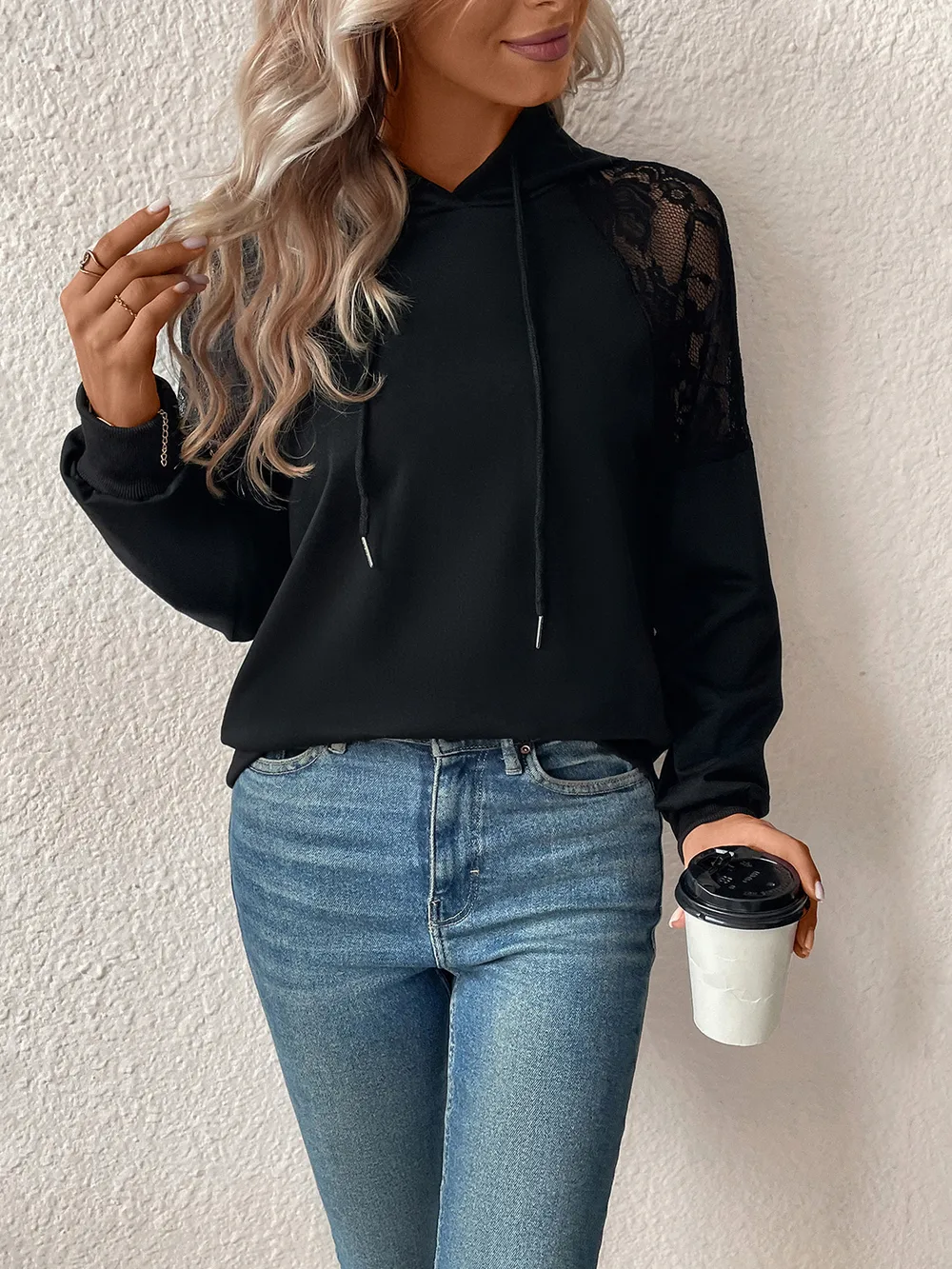 Lace Detail Drawstring Long Sleeve Hoodie, image 3
