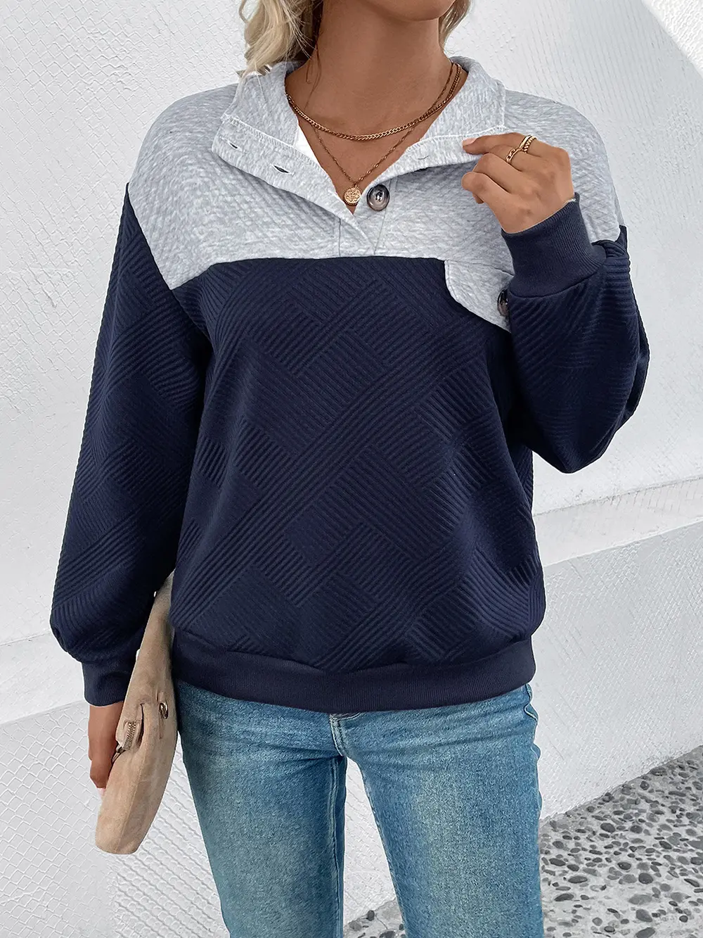 Textured Contrast Half Button Sweatshirt, image 3