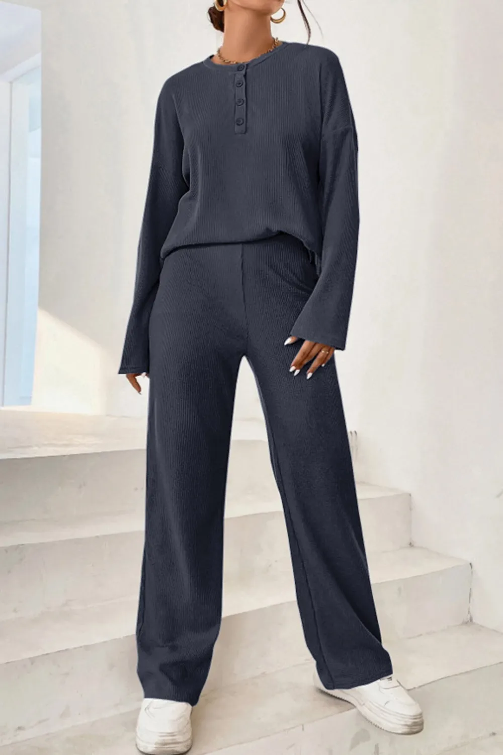 Ribbed Half Button Top and Pants Set, image 10