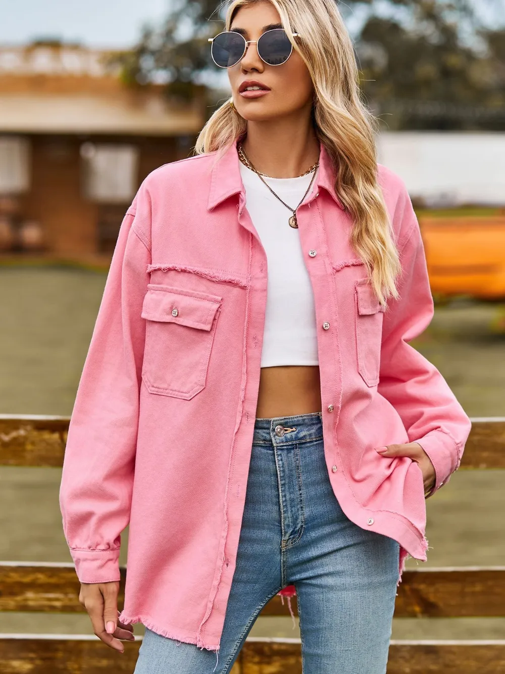 Button Up Collared Neck Raw Hem Denim Top, image 8