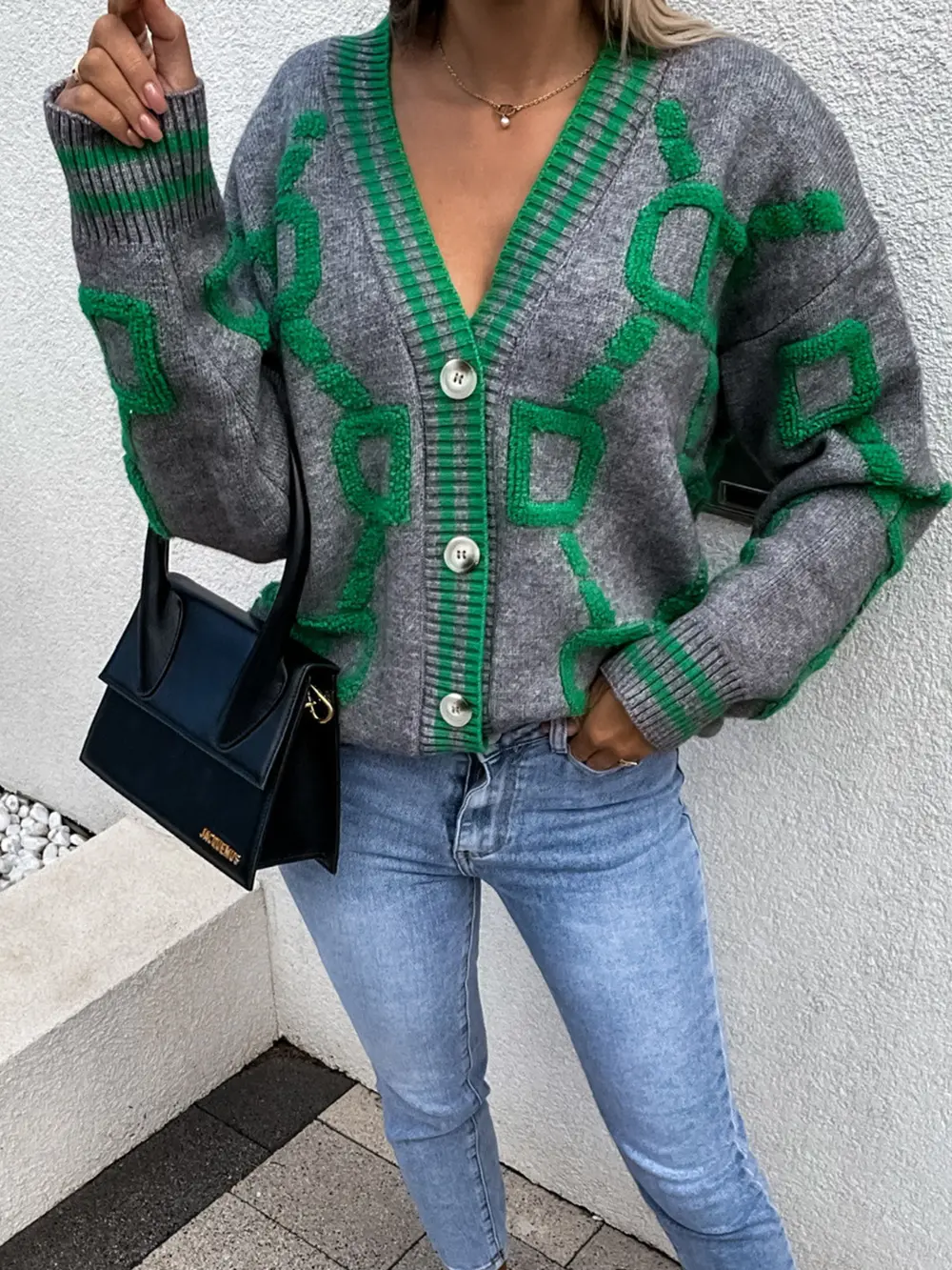 Geometric Dropped Shoulder Button Down Cardigan, image 7