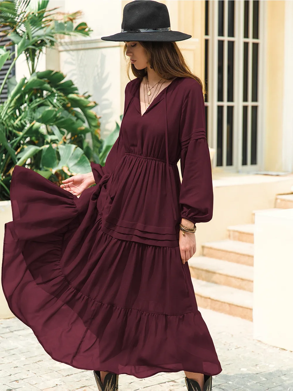 Tie Neck Long Sleeve Midi Tiered Dress, image 7