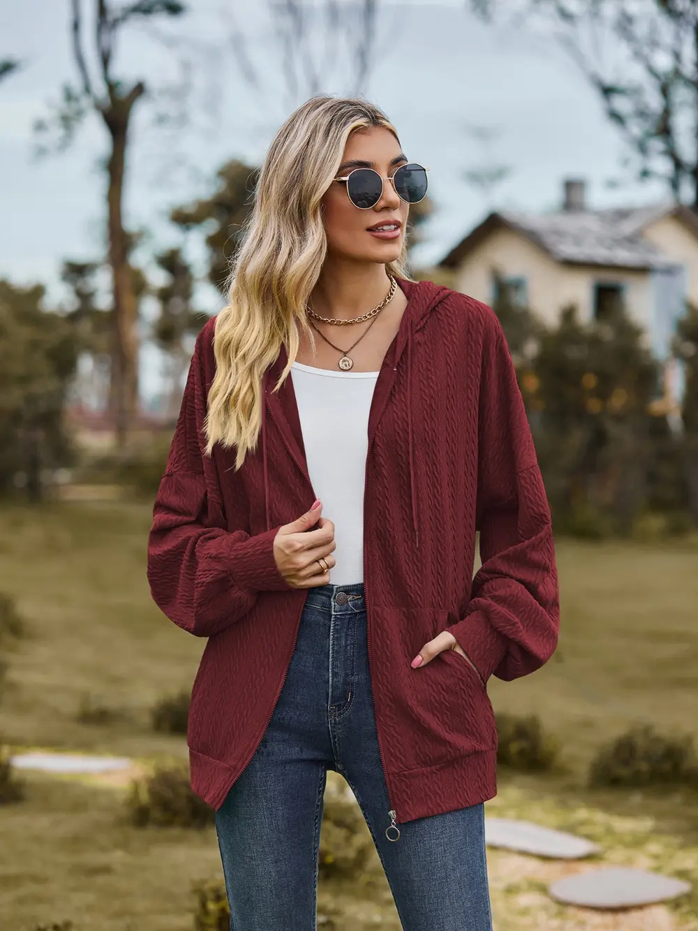 Zip Up Drawstring Long Sleeve Hooded Jacket, image 18