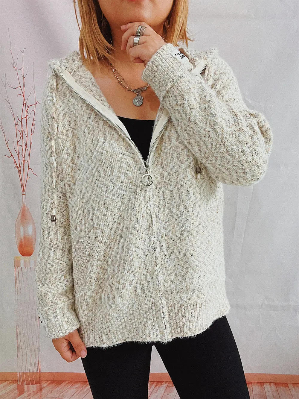 Zip Up Drawstring Long Sleeve Hooded Sweater, image 13