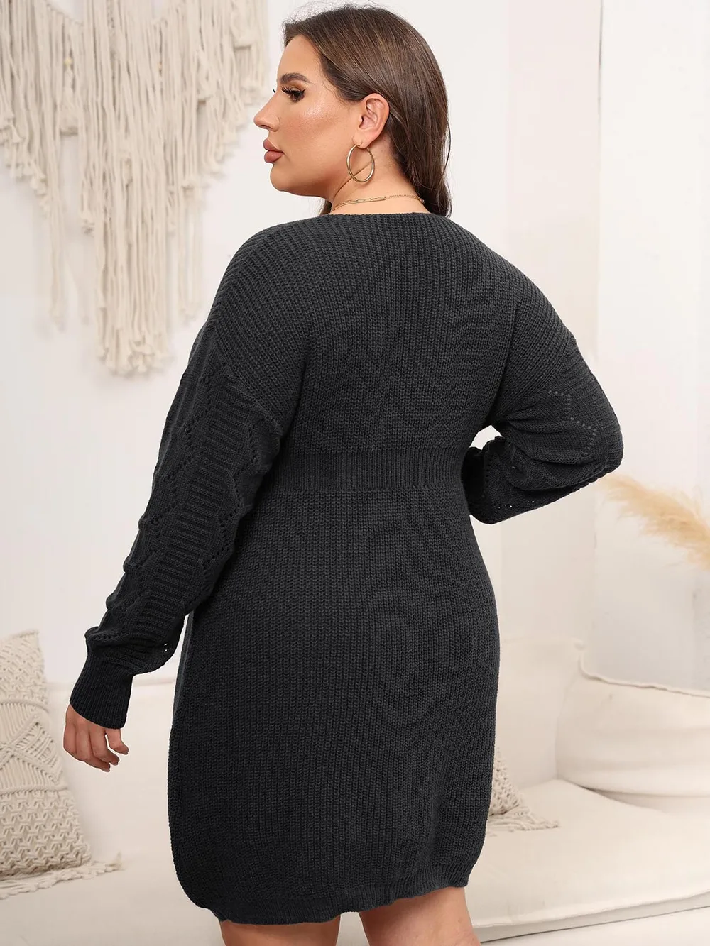 Plus Size Dropped Shoulder Long Sleeve Knit Mini Dress, image 2