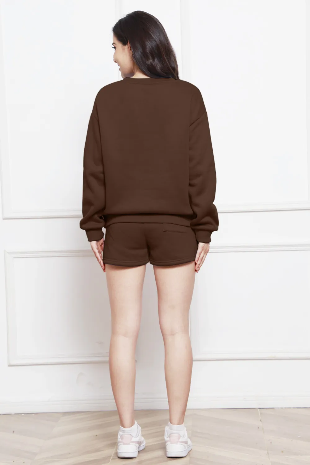 Round Neck Long Sleeve Sweatshirt and Drawstring Shorts Set, image 4