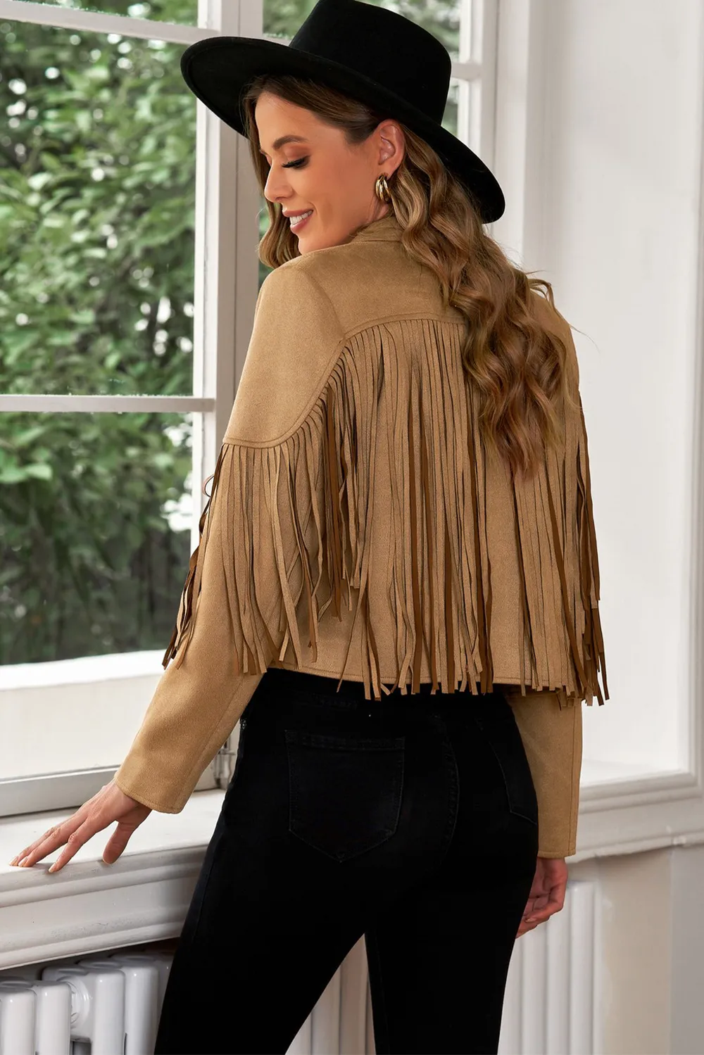Fringe Trim Lapel Collar Cropped Blazer, image 7