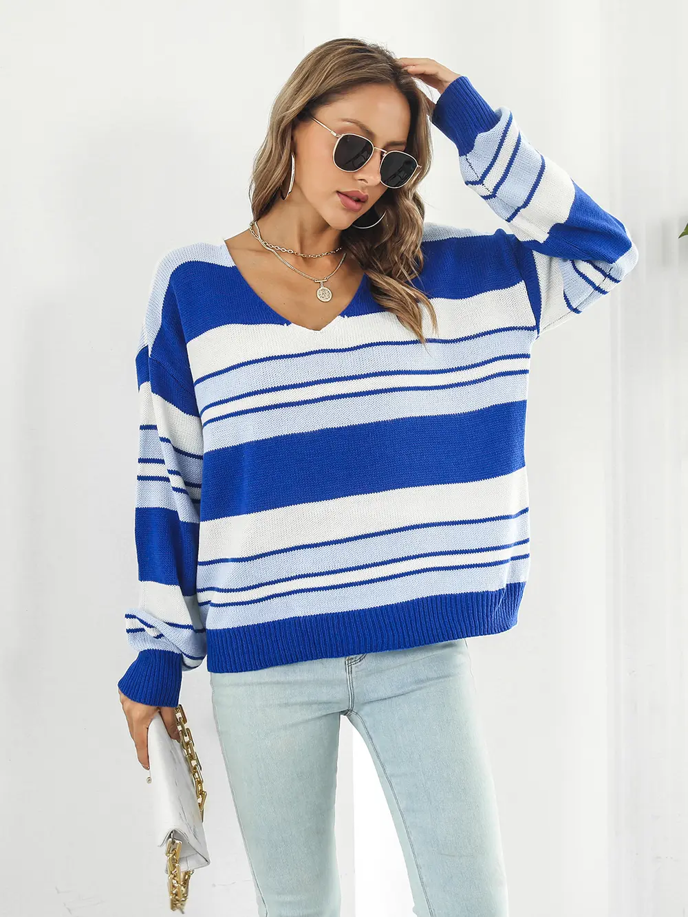 Striped V-Neck Long Sleeve Knit Top, image 7