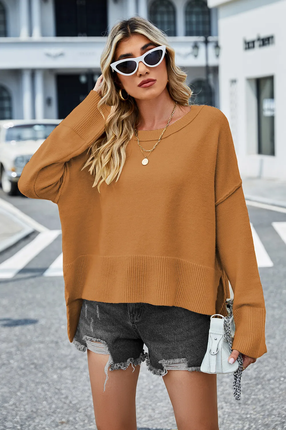 High-Low Slit Round Neck Long Sleeve Sweater, image 24