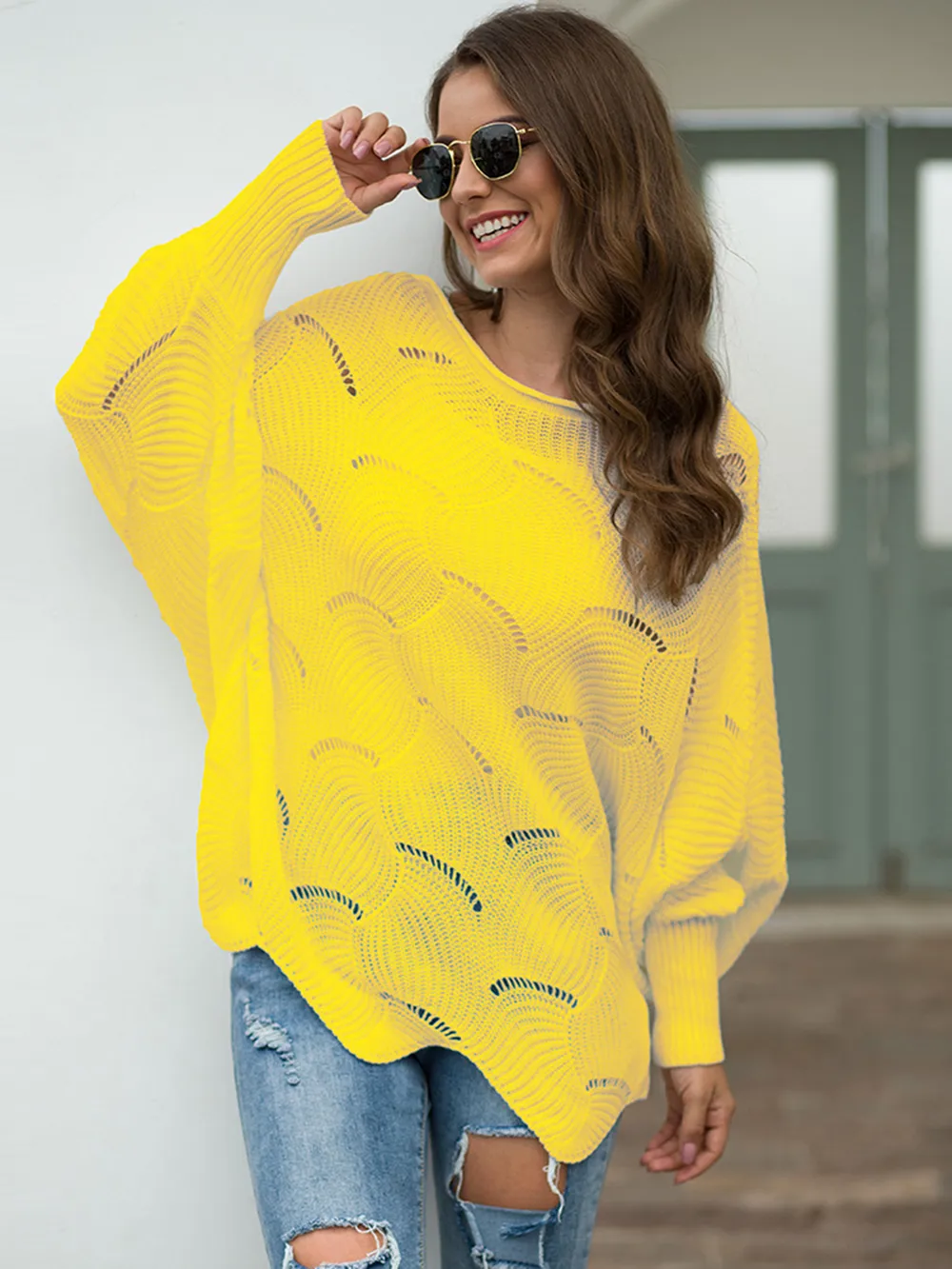 Full Size Boat Neck Lantern Sleeve Openwork Knit Top, image 7
