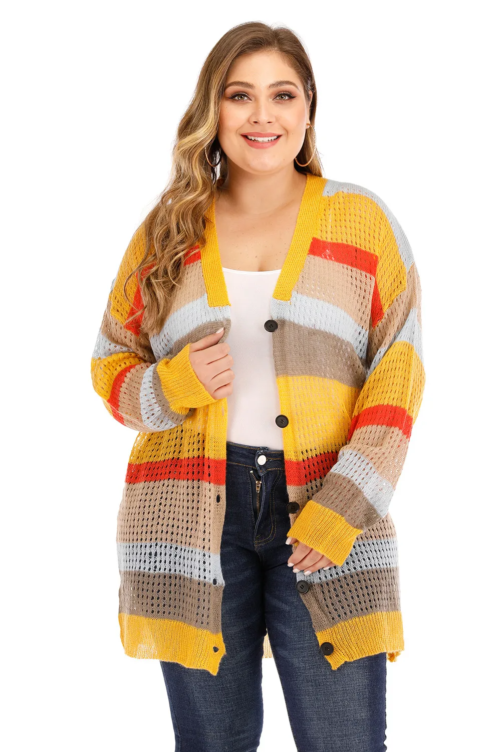 Plus Openwork Color Block Button Up Cardigan, image 4