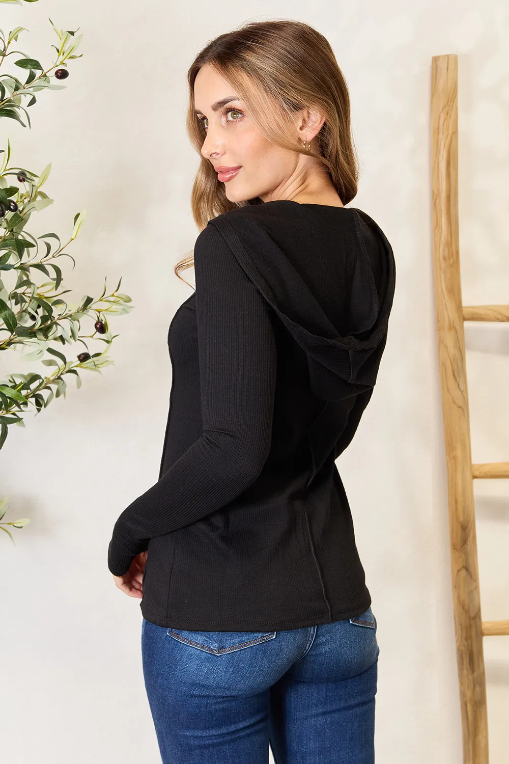 Full Size Exposed Seam Long Sleeve Hoodie, image 7
