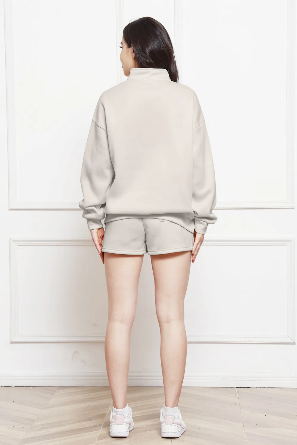 Half Zip Long Sleeve Sweatshirt and Drawstring Shorts Set, image 18