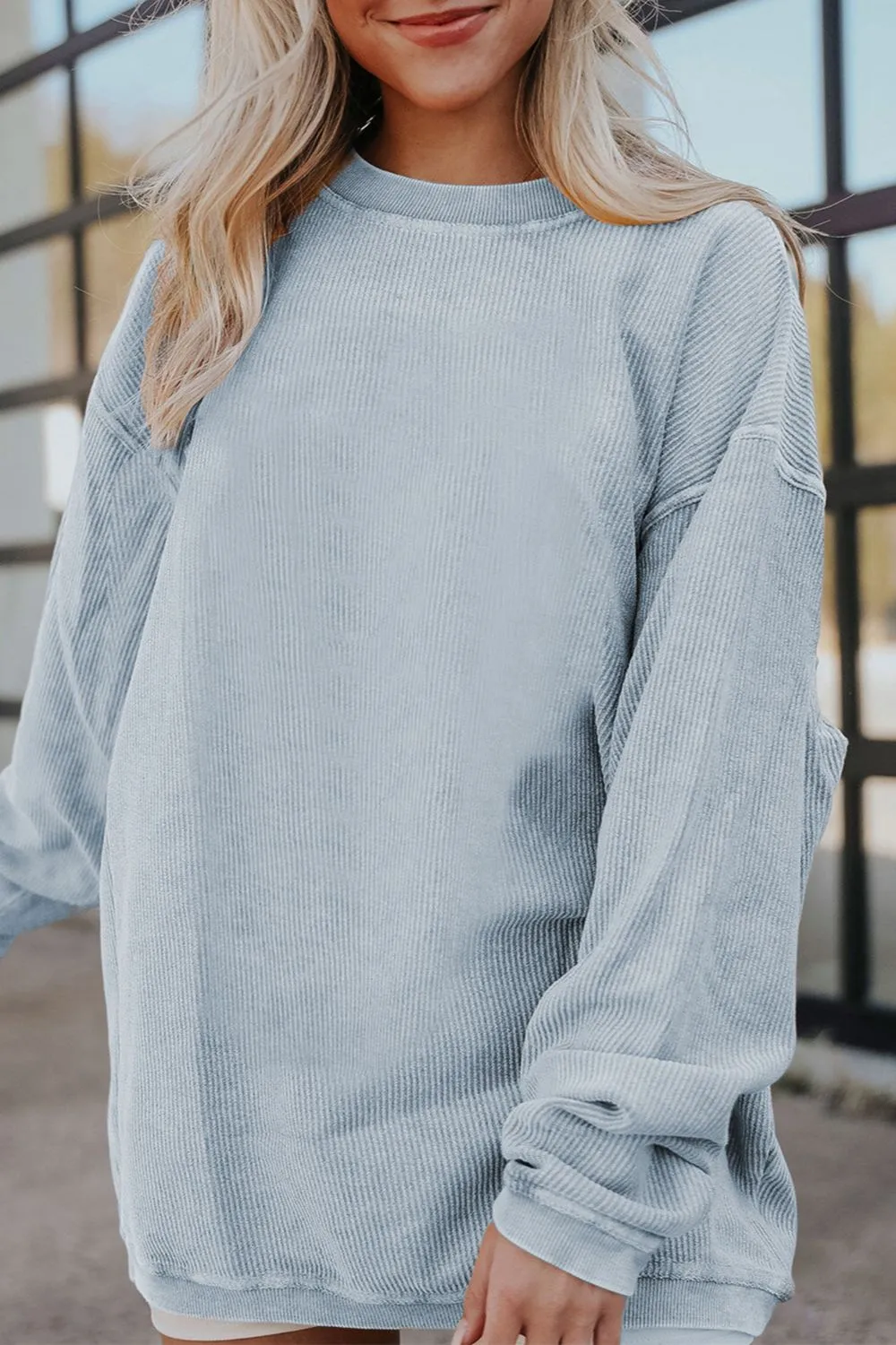 Ribbed Round Neck Drop Shoulder Sweatshirt, image 9